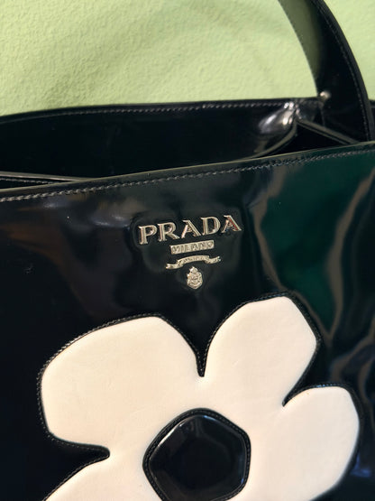 PRADA BLACK SPAZZOLATO FLOWER BUCKET HANDBAG