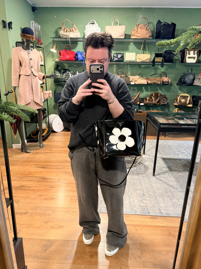 PRADA BLACK SPAZZOLATO FLOWER BUCKET HANDBAG