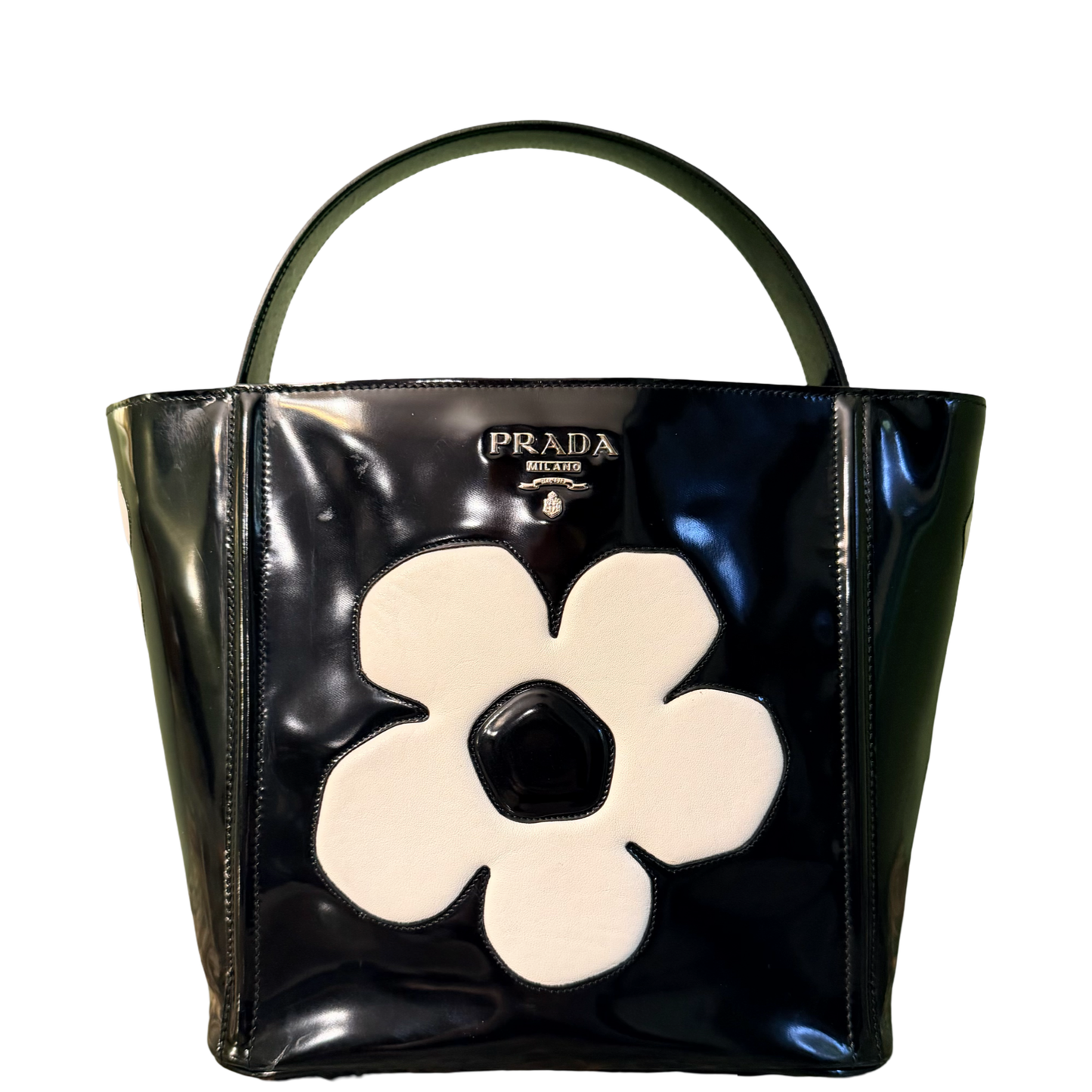 PRADA BLACK SPAZZOLATO FLOWER BUCKET HANDBAG
