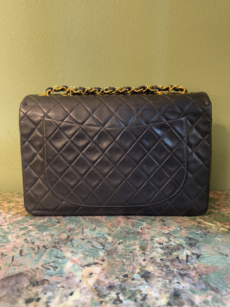 CHANEL BLACK LAMBSKIN MAXI JUMBO CLASSIC SINGLE FLAP SHOULDER BAG