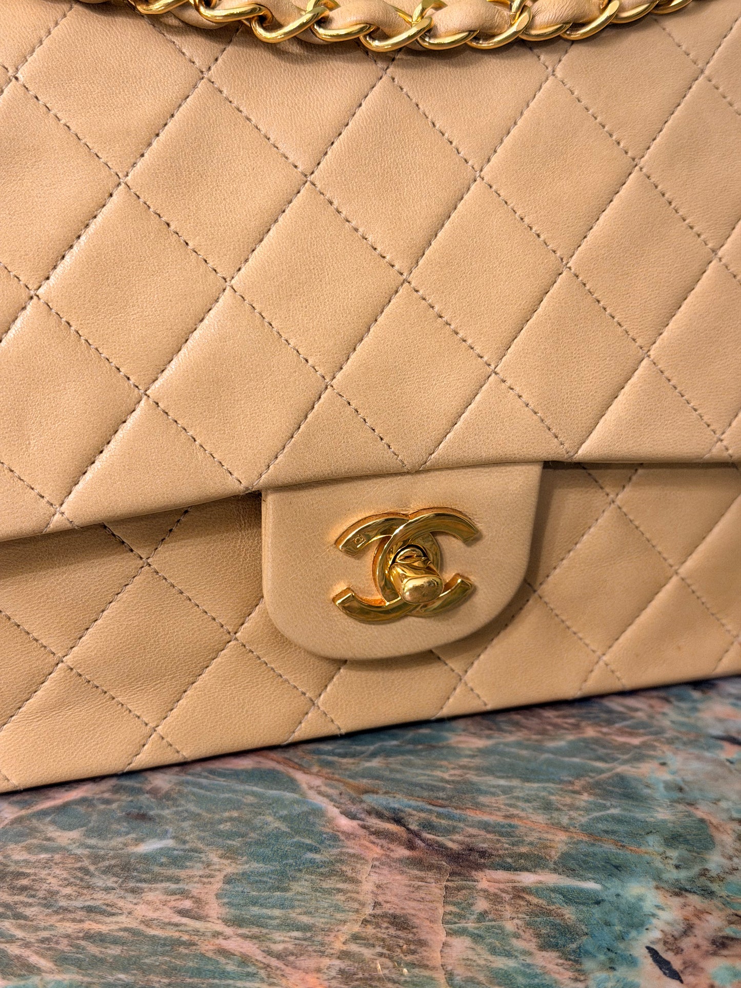 CHANEL BEIGE LAMBSKIN TIMELESS MEDIUM CLASSIC DOUBLE FLAP SHOULDER BAG