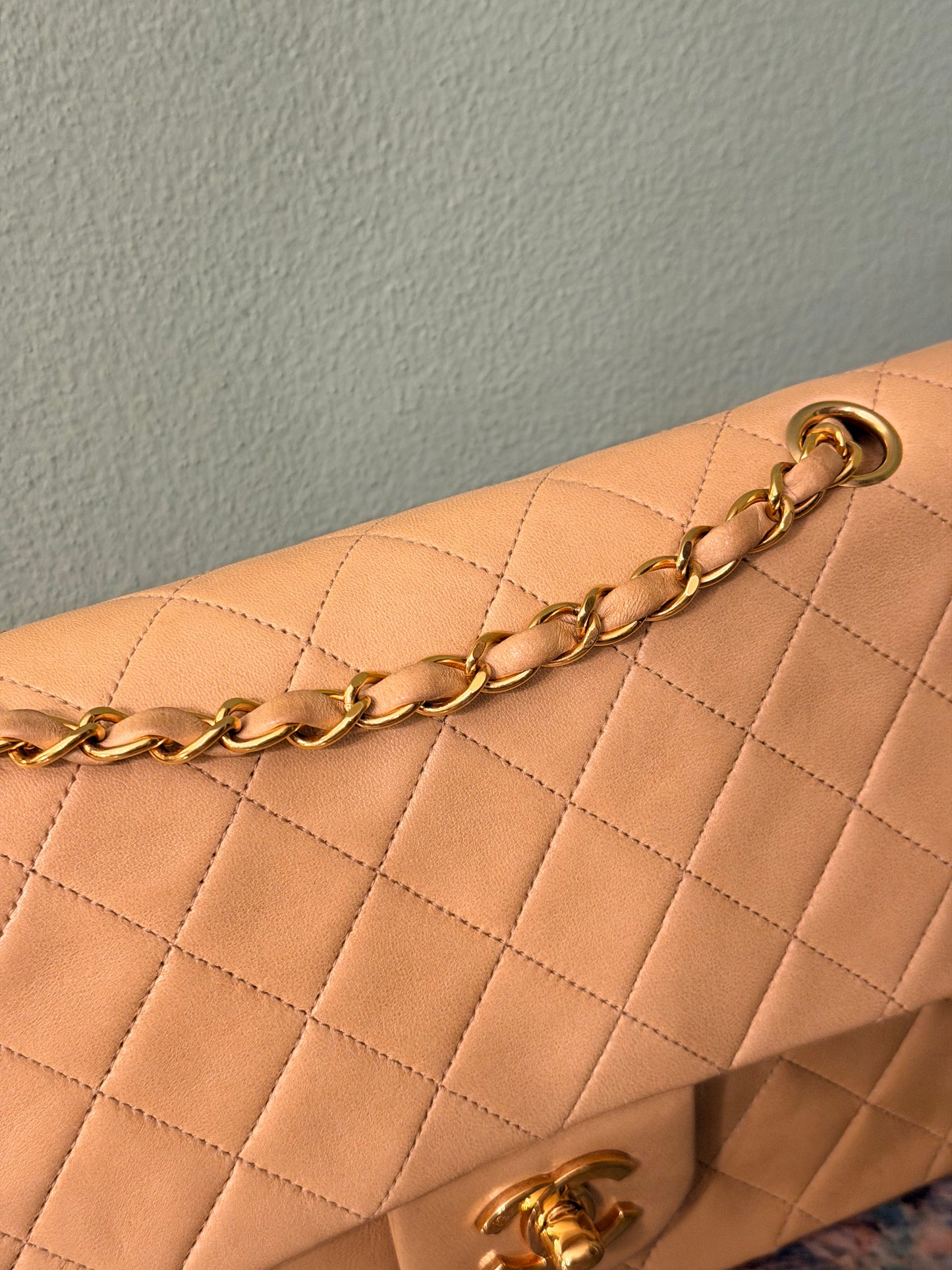 CHANEL BEIGE LAMBSKIN TIMELESS MEDIUM CLASSIC DOUBLE FLAP SHOULDER BAG