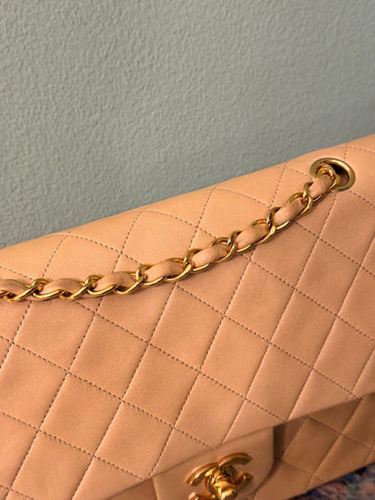 CHANEL BEIGE LAMBSKIN TIMELESS MEDIUM CLASSIC DOUBLE FLAP SHOULDER BAG