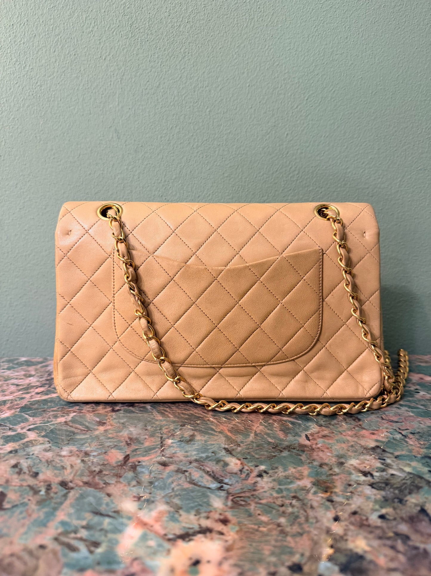 CHANEL BEIGE LAMBSKIN TIMELESS MEDIUM CLASSIC DOUBLE FLAP SHOULDER BAG