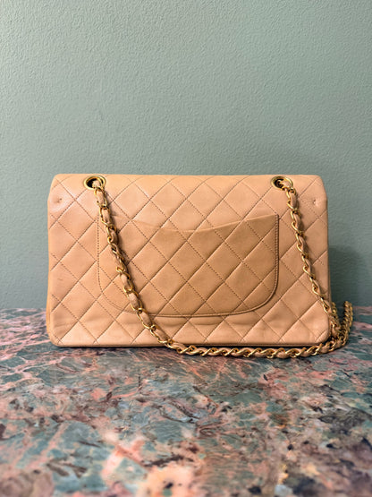 CHANEL BEIGE LAMBSKIN TIMELESS MEDIUM CLASSIC DOUBLE FLAP SHOULDER BAG