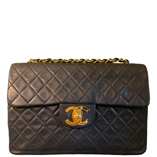 CHANEL BLACK LAMBSKIN MAXI JUMBO CLASSIC SINGLE FLAP SHOULDER BAG