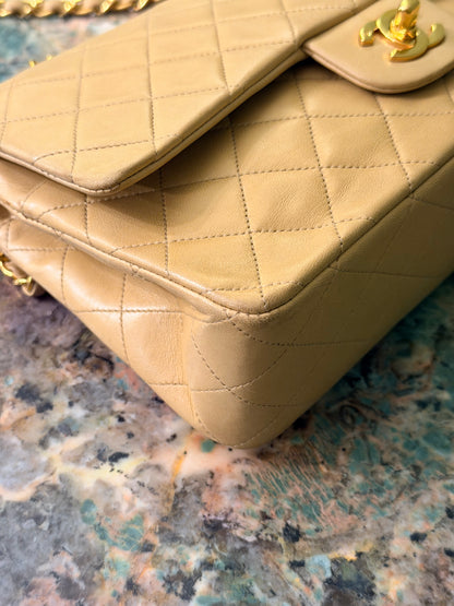 CHANEL BEIGE LAMBSKIN TIMELESS MEDIUM CLASSIC DOUBLE FLAP SHOULDER BAG