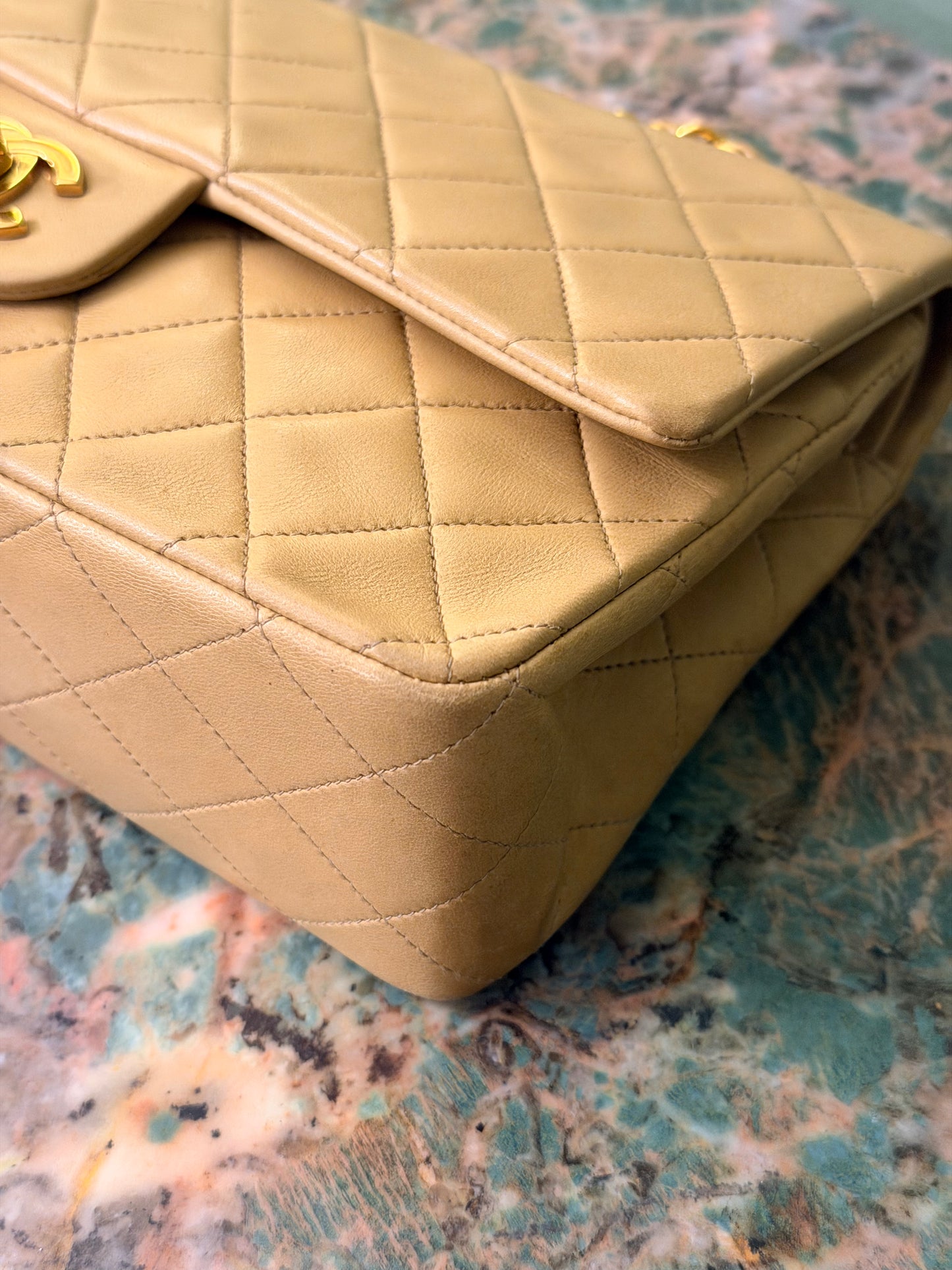 CHANEL BEIGE LAMBSKIN TIMELESS MEDIUM CLASSIC DOUBLE FLAP SHOULDER BAG