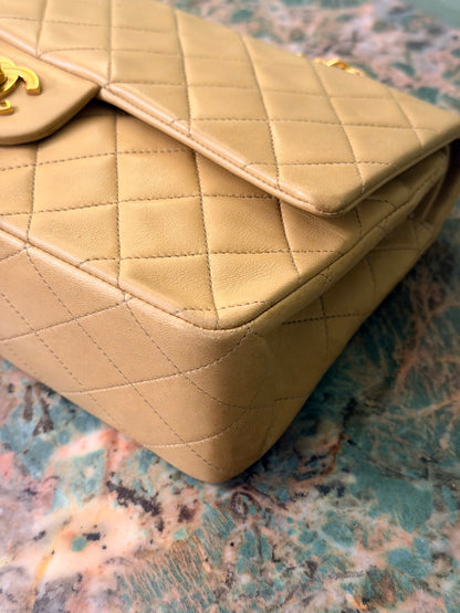 CHANEL BEIGE LAMBSKIN TIMELESS MEDIUM CLASSIC DOUBLE FLAP SHOULDER BAG