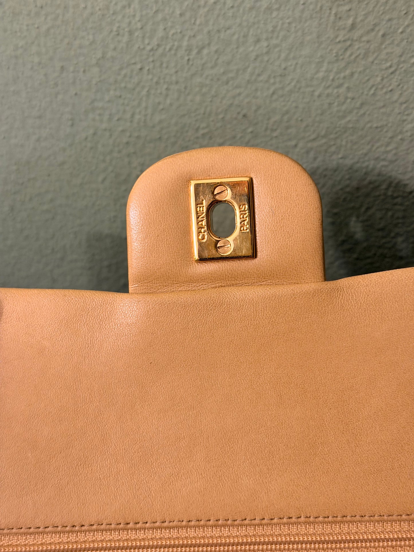 CHANEL BEIGE LAMBSKIN TIMELESS MEDIUM CLASSIC DOUBLE FLAP SHOULDER BAG