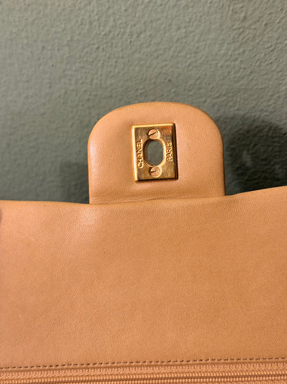 CHANEL BEIGE LAMBSKIN TIMELESS MEDIUM CLASSIC DOUBLE FLAP SHOULDER BAG