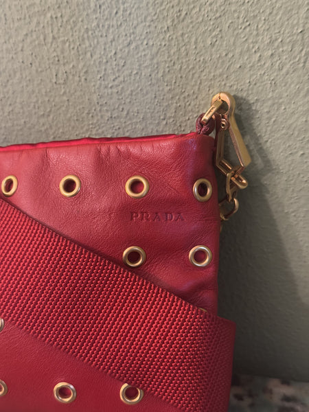 PRADA RED STUDDED SHOULDER BAG