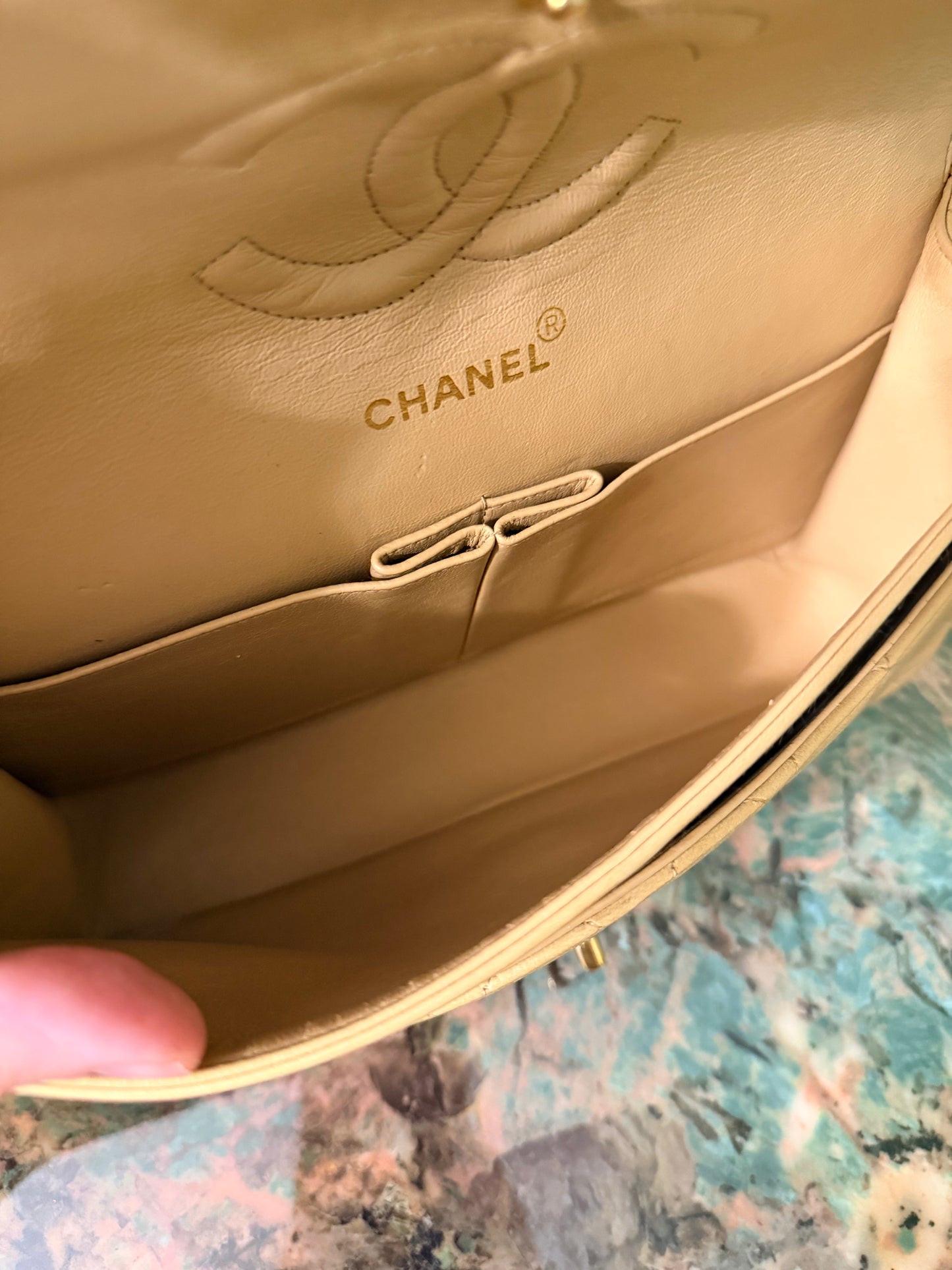 CHANEL BEIGE LAMBSKIN TIMELESS MEDIUM CLASSIC DOUBLE FLAP SHOULDER BAG