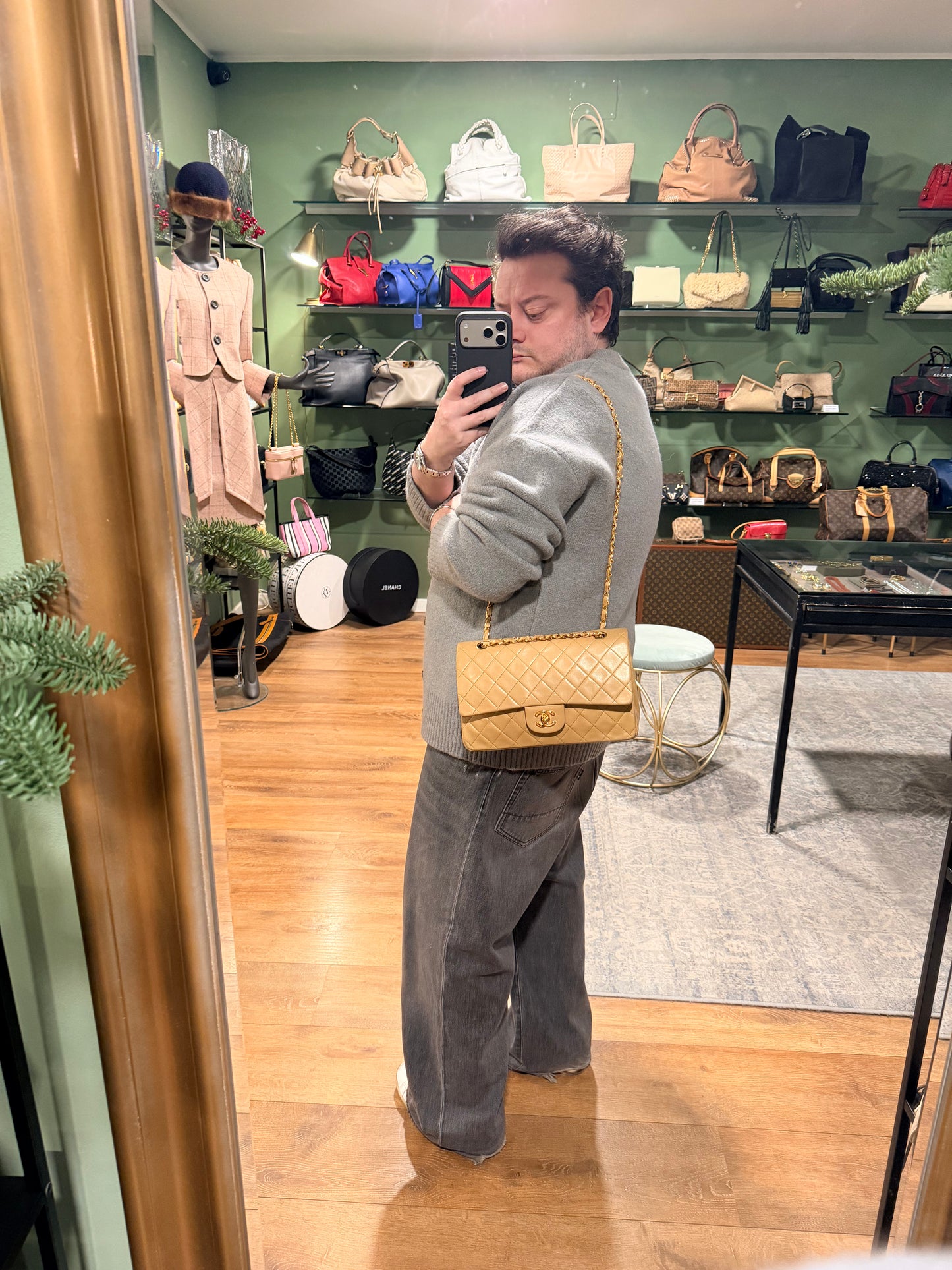 CHANEL BEIGE LAMBSKIN TIMELESS MEDIUM CLASSIC DOUBLE FLAP SHOULDER BAG