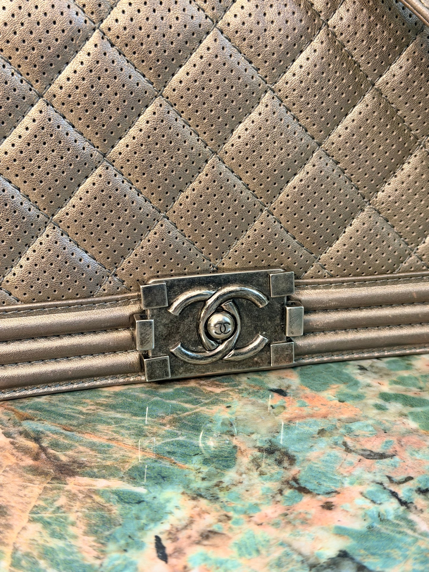 CHANEL CHAMPAGNE PERFORATED MEDIUM BOY CROSSBODY BAG