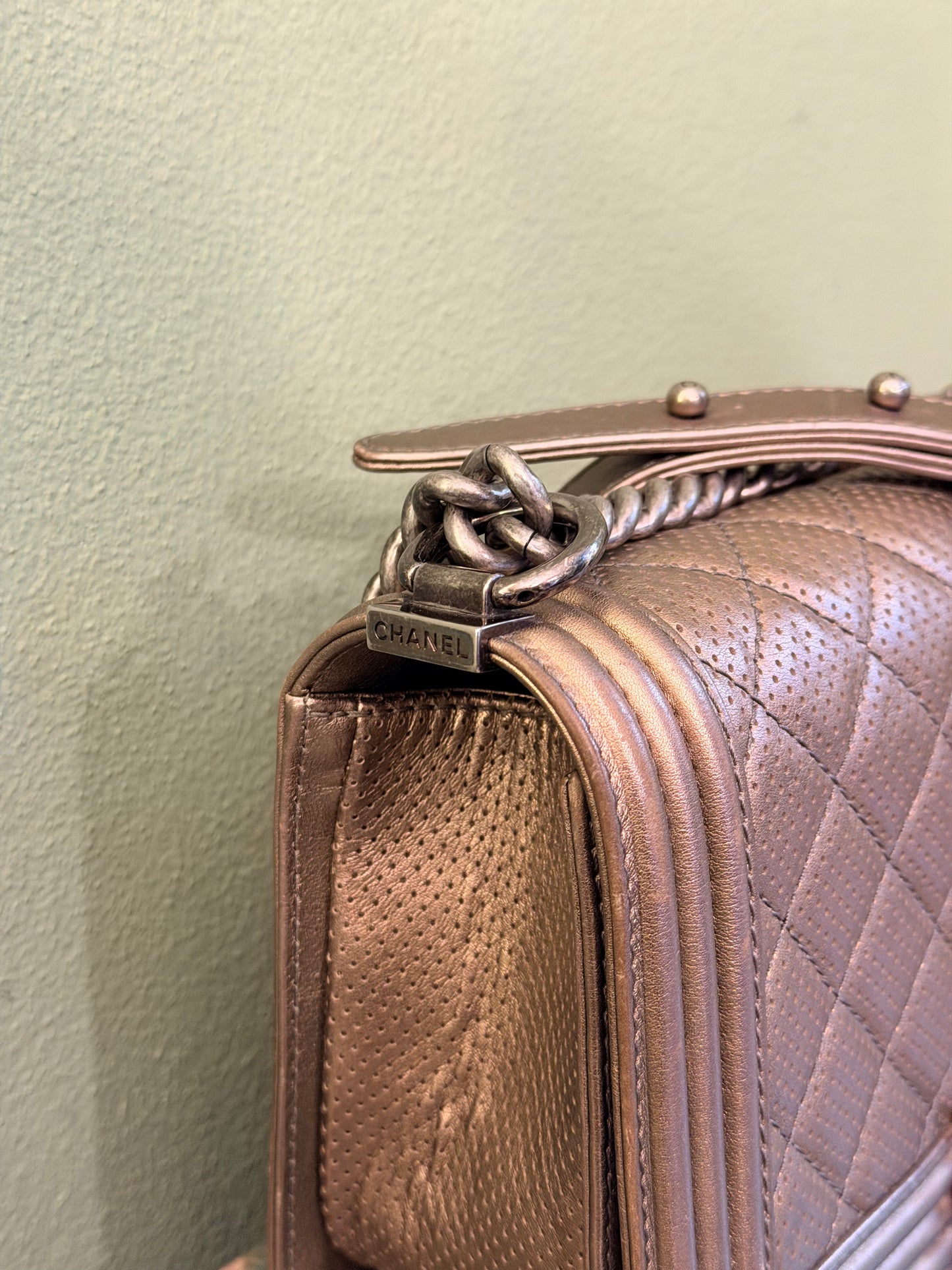 CHANEL CHAMPAGNE PERFORATED MEDIUM BOY CROSSBODY BAG