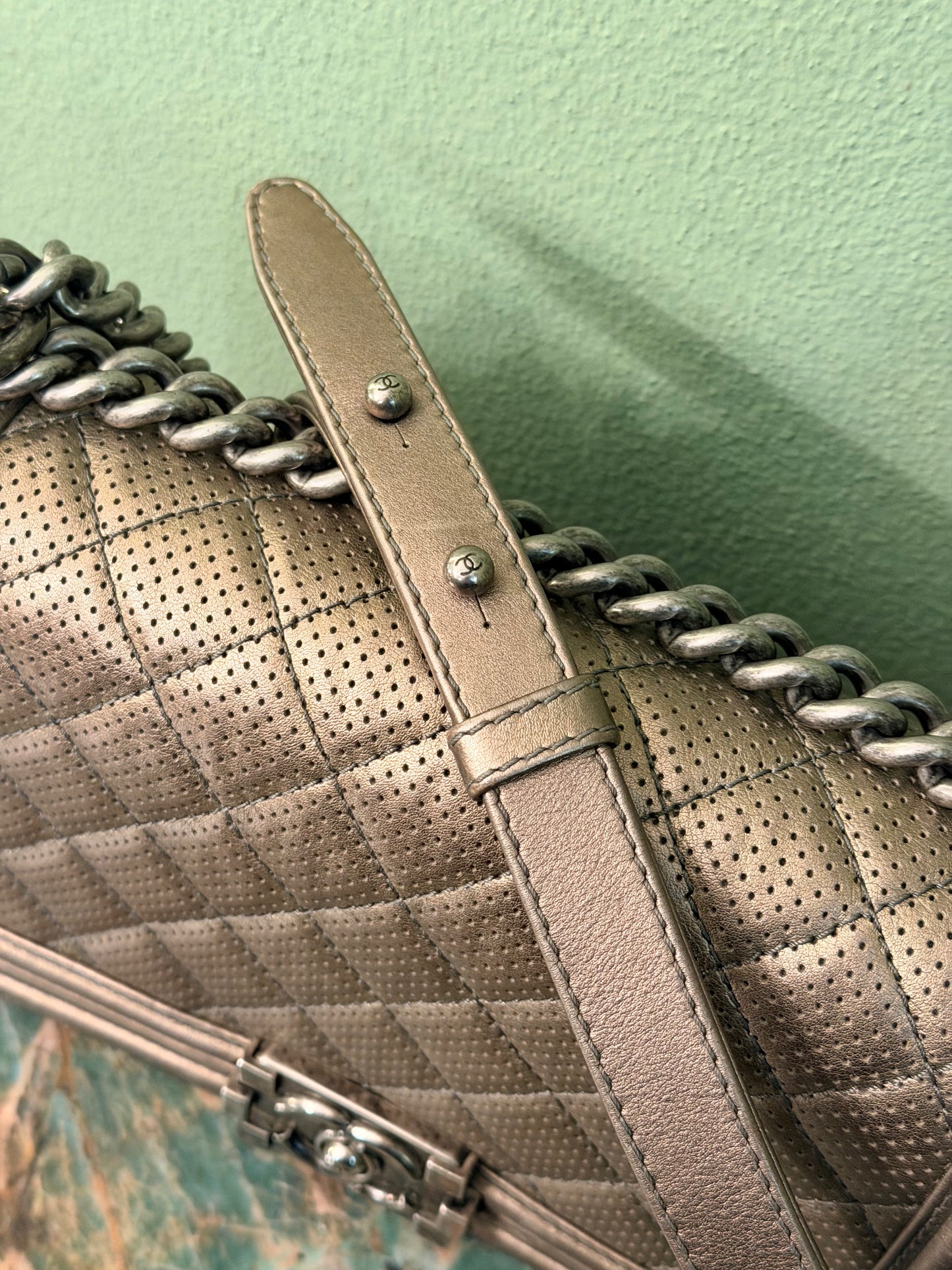 CHANEL CHAMPAGNE PERFORATED MEDIUM BOY CROSSBODY BAG