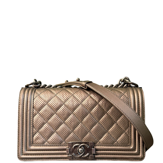 CHANEL CHAMPAGNE PERFORATED MEDIUM BOY CROSSBODY BAG