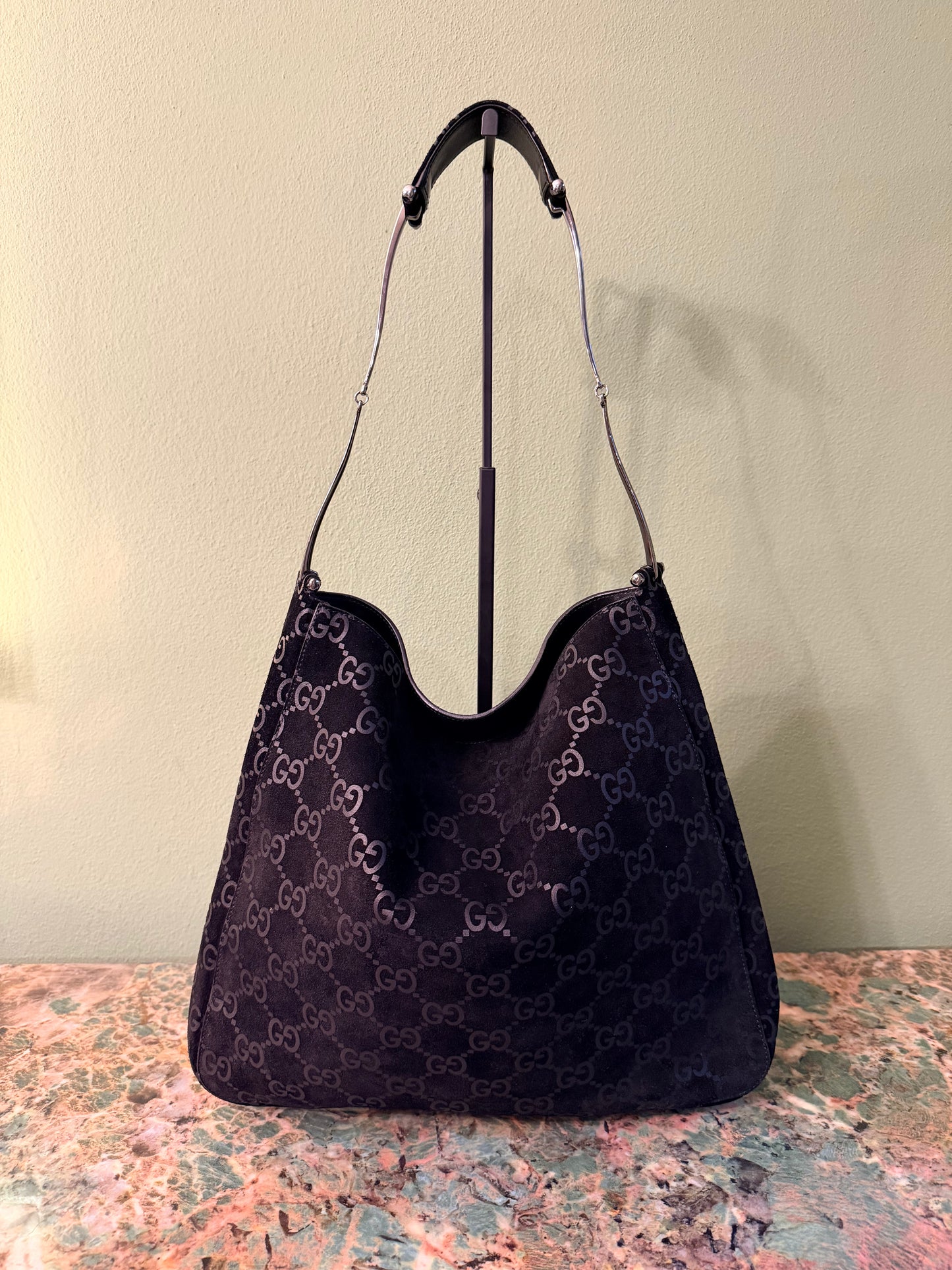 GUCCI BY TOM FORD BLACK GG SUEDE MEDIUM HOBO BAG