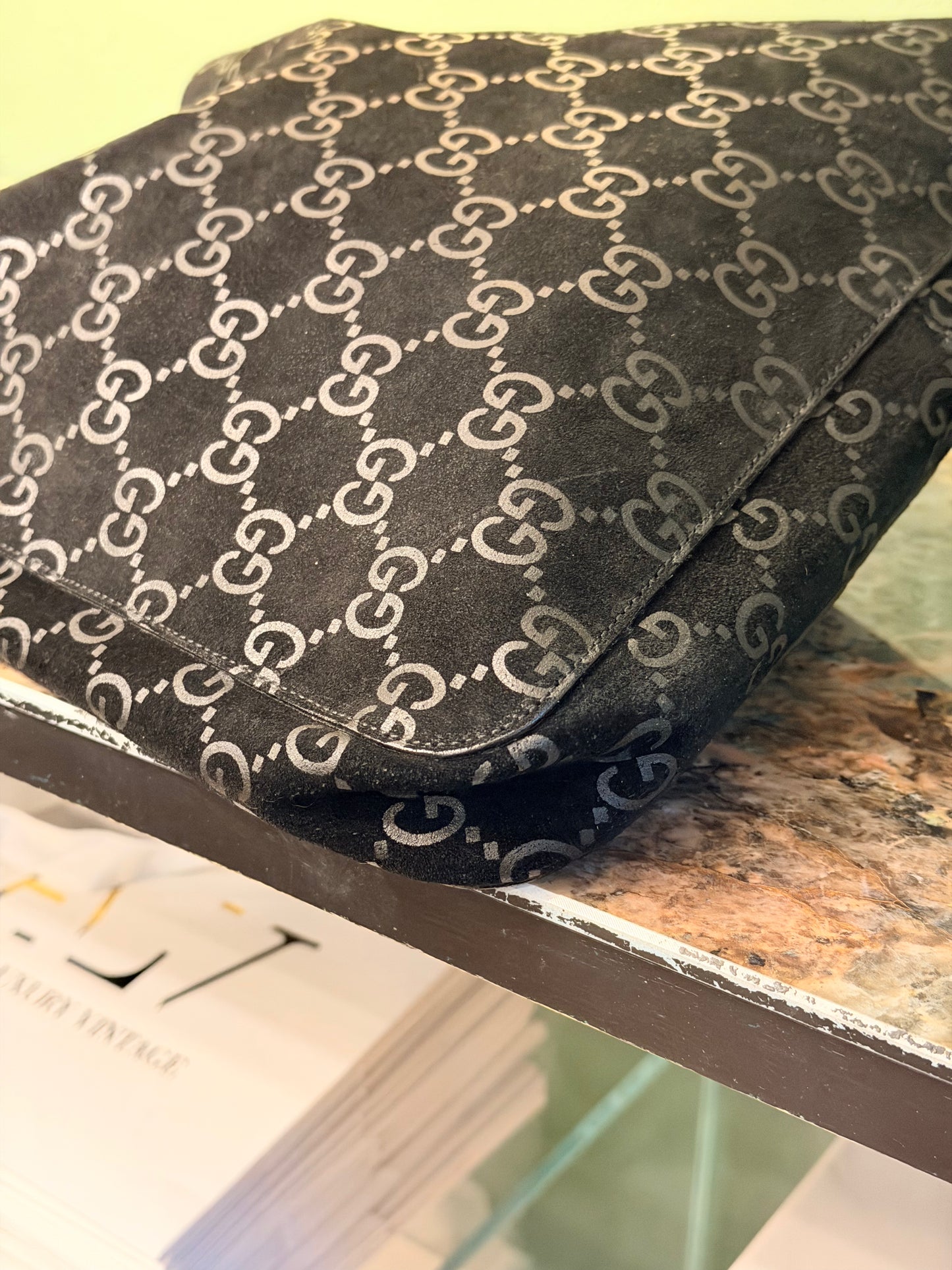 GUCCI BY TOM FORD BLACK GG SUEDE MEDIUM HOBO BAG