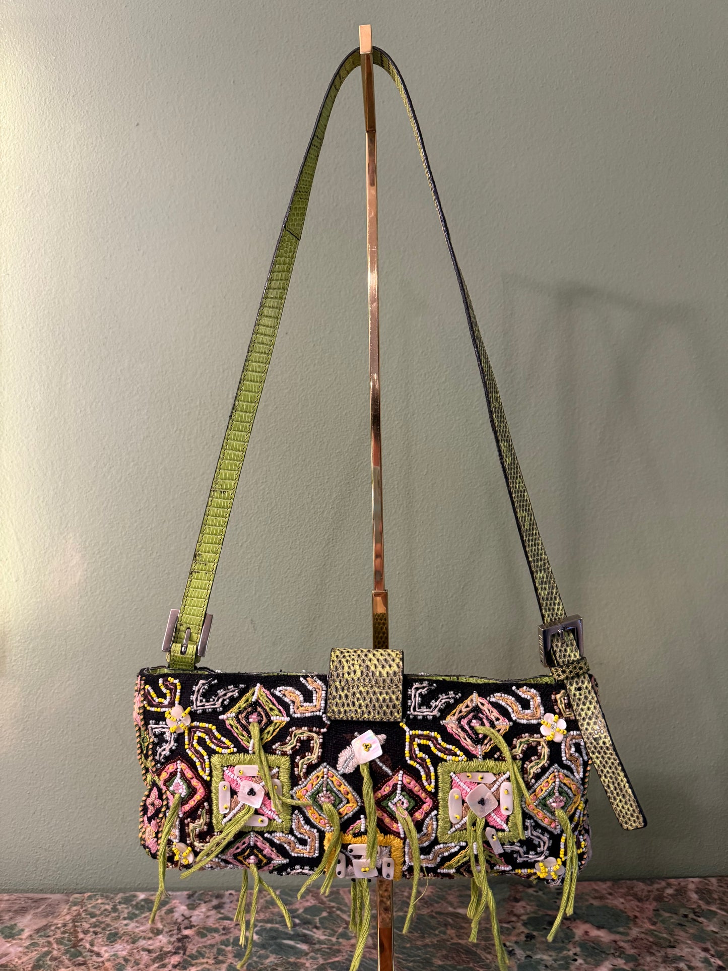 FENDI LIZARD EMBROIDERED FRINGED CUT OUT BAGUETTE SHOULDER BAG