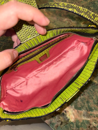 FENDI LIZARD EMBROIDERED FRINGED CUT OUT BAGUETTE SHOULDER BAG