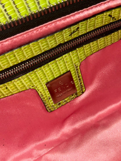 FENDI LIZARD EMBROIDERED FRINGED CUT OUT BAGUETTE SHOULDER BAG