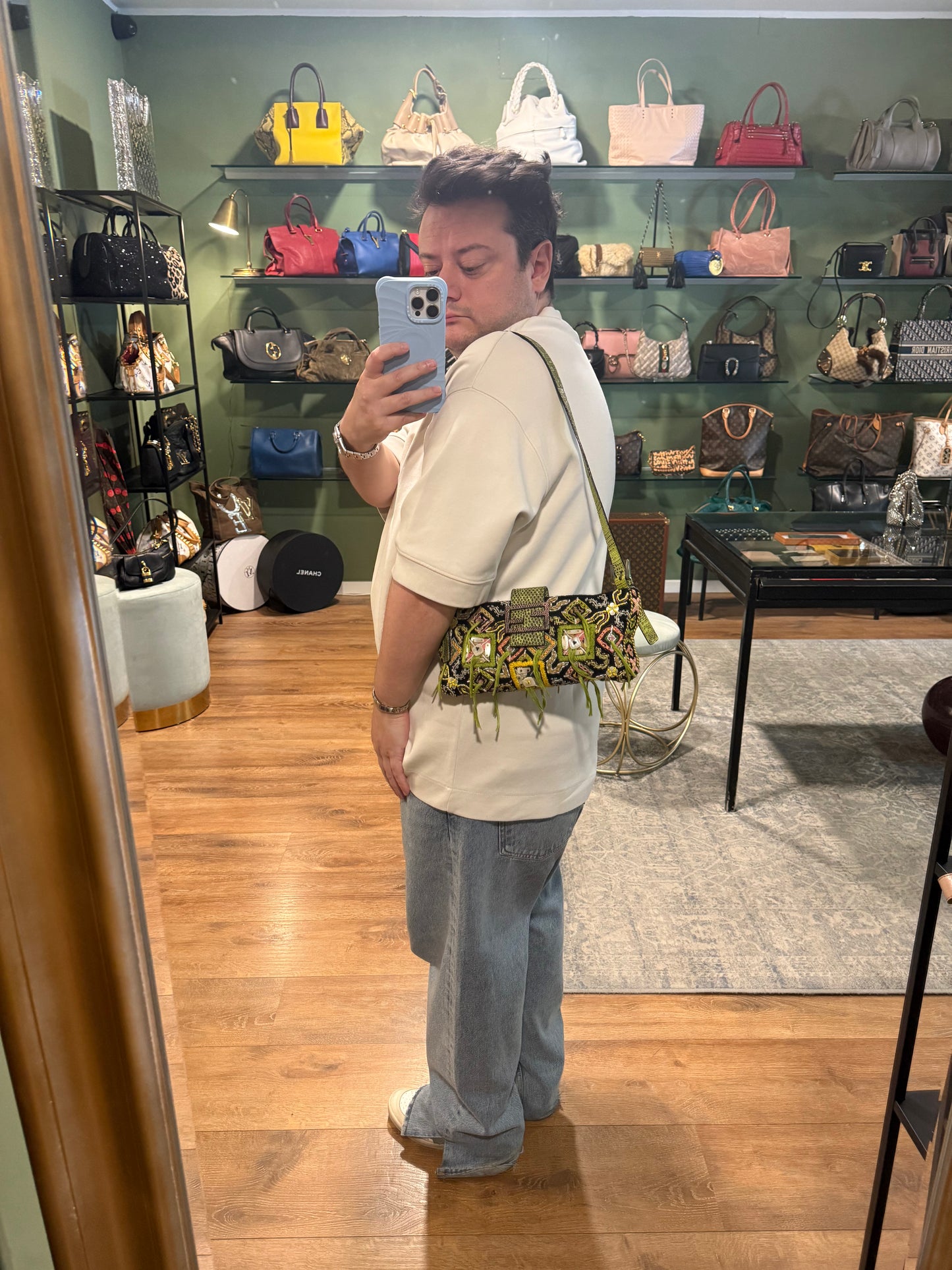 FENDI LIZARD EMBROIDERED FRINGED CUT OUT BAGUETTE SHOULDER BAG