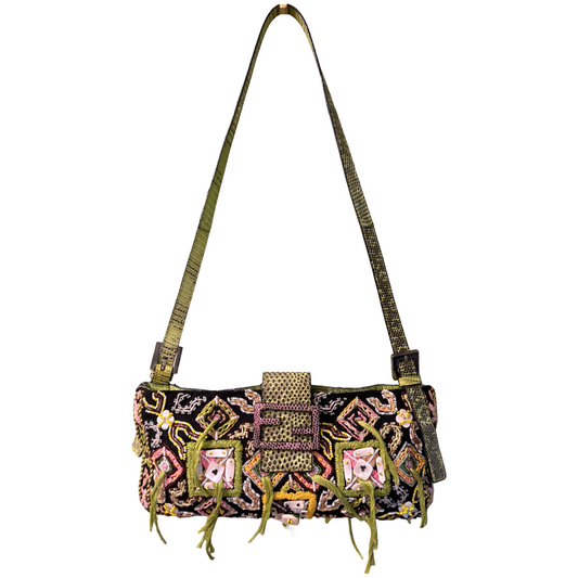 FENDI LIZARD EMBROIDERED FRINGED CUT OUT BAGUETTE SHOULDER BAG