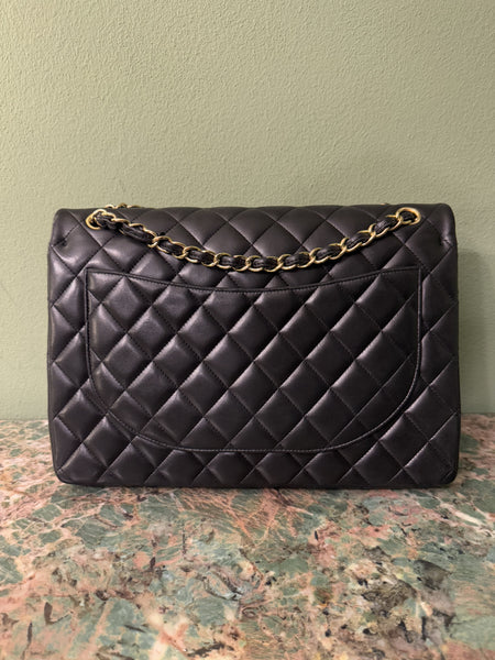 CHANEL BLACK LAMBSKIN MAXI JUMBO CLASSIC DOUBLE FLAP SHOULDER BAG