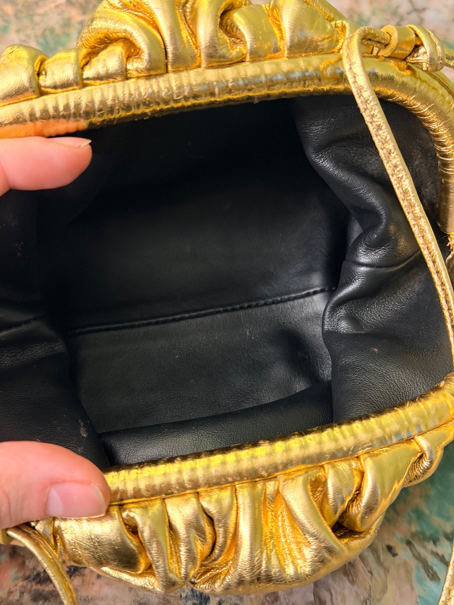 BOTTEGA VENETA GOLD MINI POUCH CROSSBODY BAG