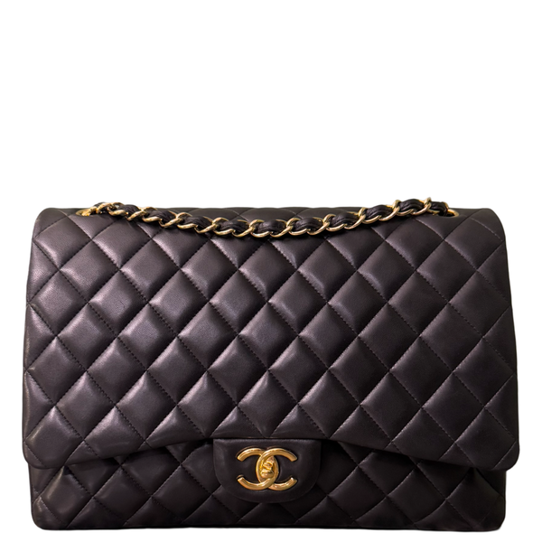 CHANEL BLACK LAMBSKIN MAXI JUMBO CLASSIC DOUBLE FLAP SHOULDER BAG