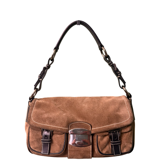 PRADA BROWN SUEDE FLAP SHOULDER BAG