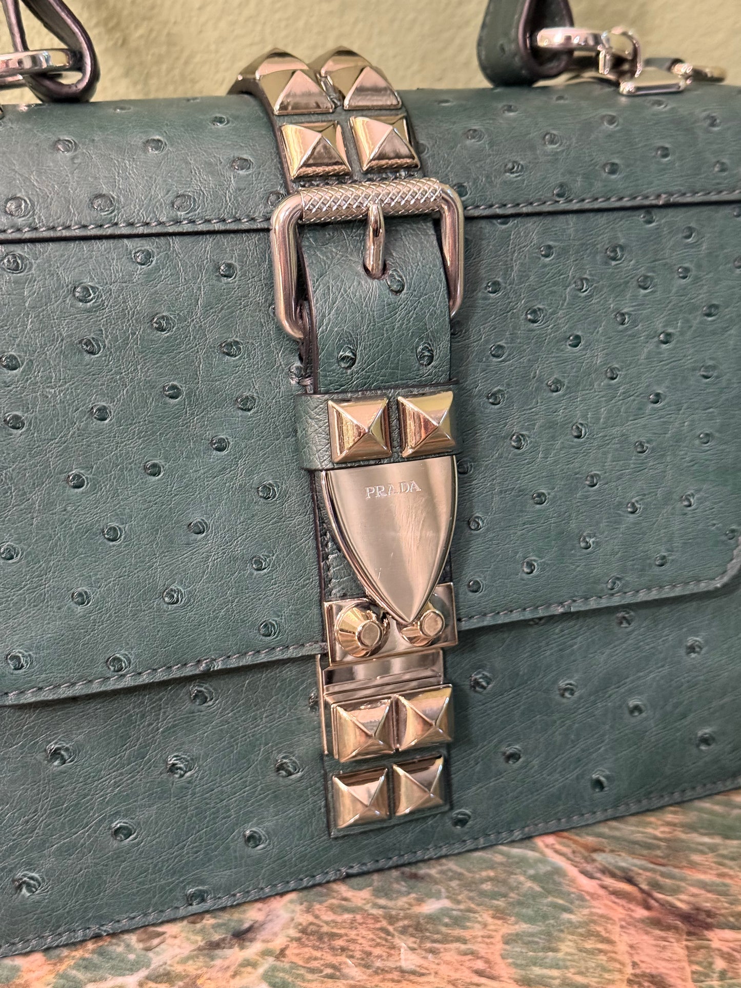 PRADA GREEN OSTRICH ELEKTRA TOP HANDLE BAG