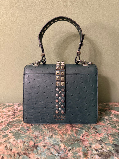 PRADA GREEN OSTRICH ELEKTRA TOP HANDLE BAG