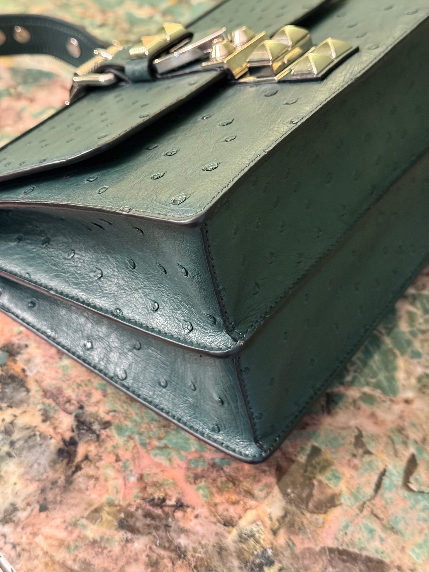 PRADA GREEN OSTRICH ELEKTRA TOP HANDLE BAG