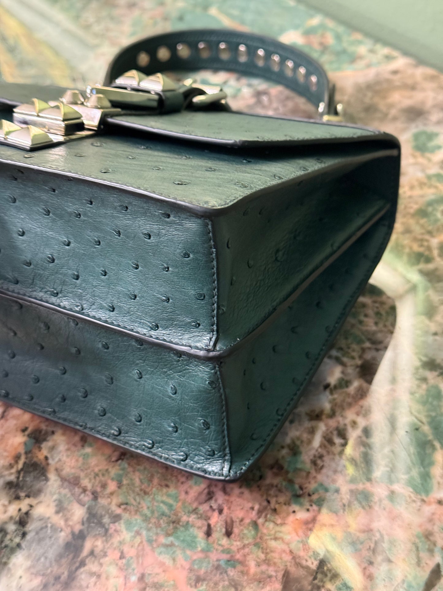 PRADA GREEN OSTRICH ELEKTRA TOP HANDLE BAG