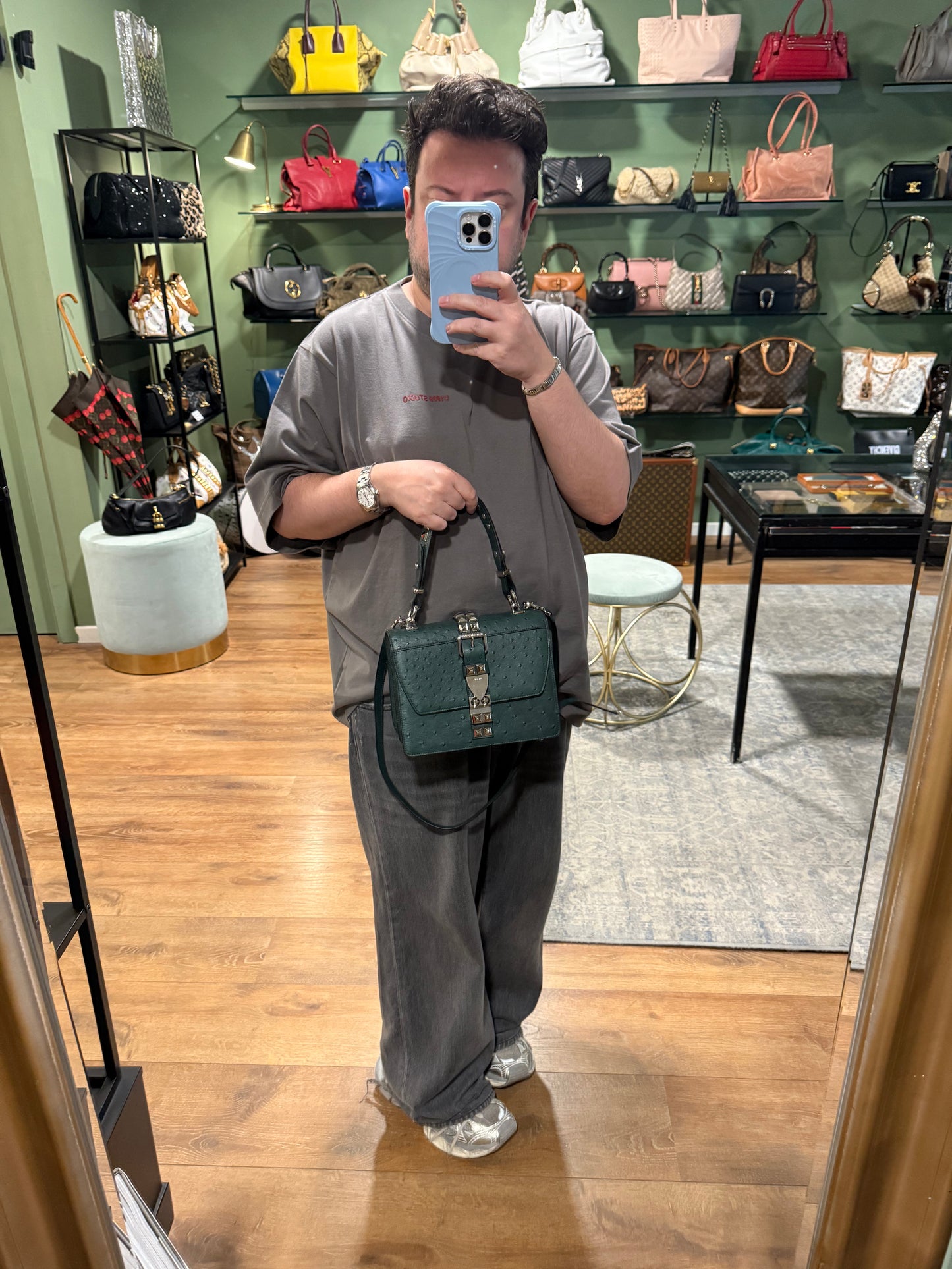 PRADA GREEN OSTRICH ELEKTRA TOP HANDLE BAG