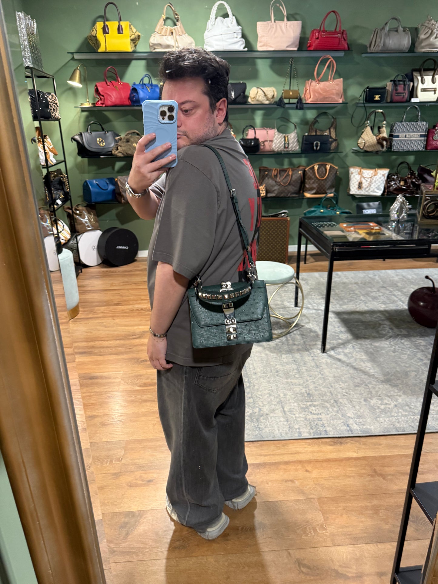 PRADA GREEN OSTRICH ELEKTRA TOP HANDLE BAG