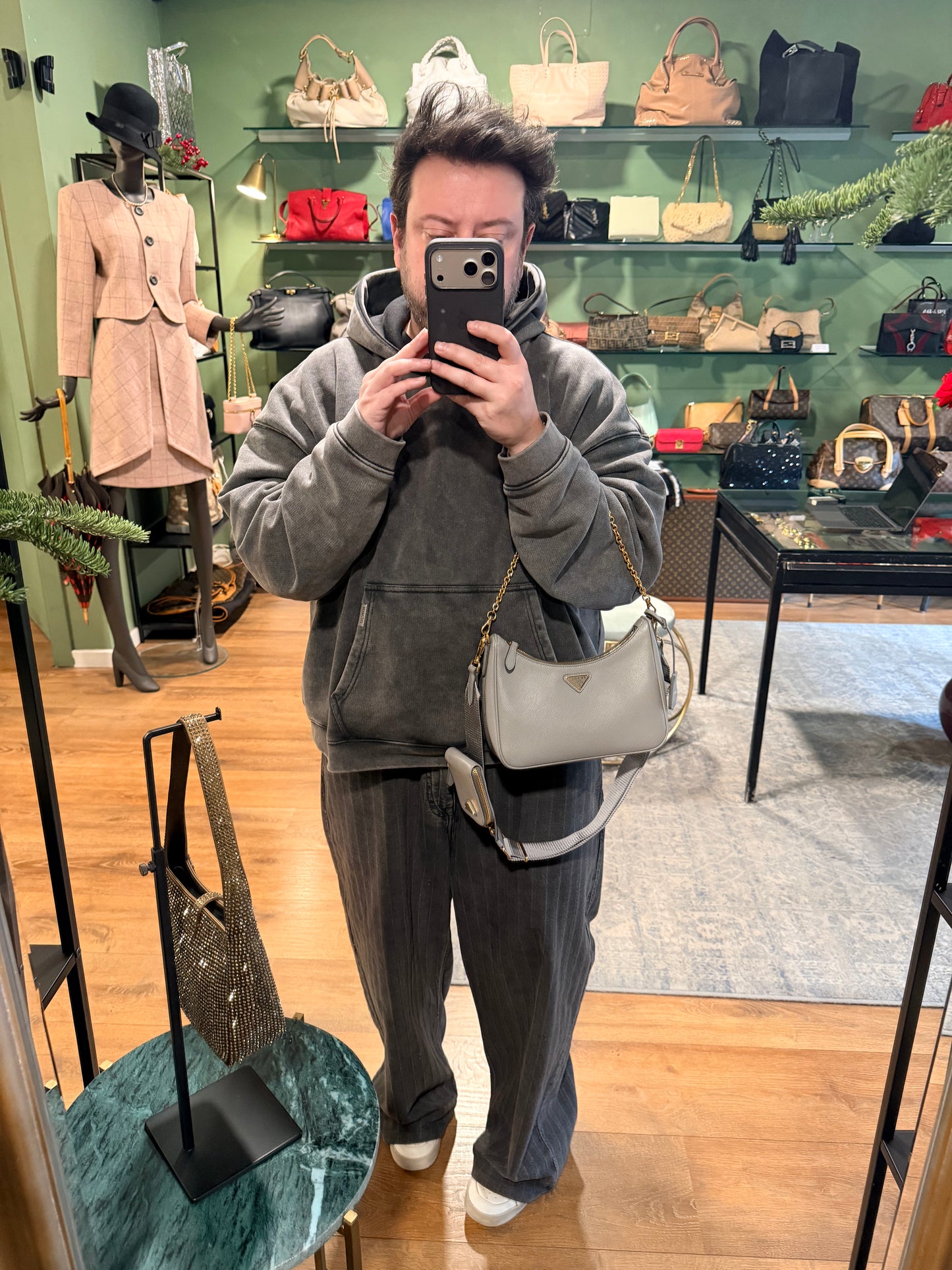 PRADA GRAY SAFFIANO RE-EDITION 2005 CROSSBODY BAG