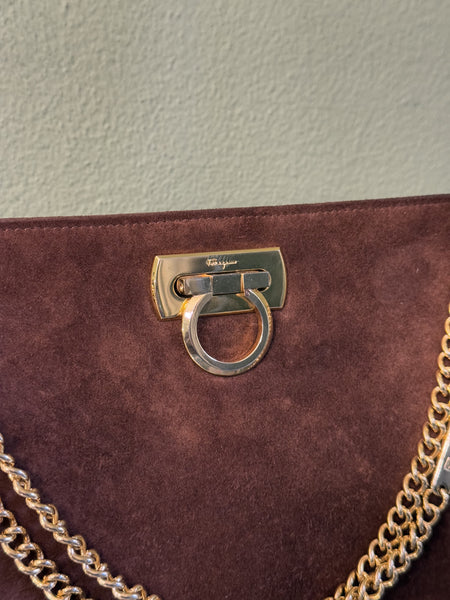 SALVATORE FERRAGAMO BROWN SUEDE GANCINI CHAIN HANDBAG