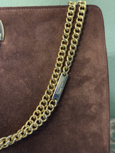 SALVATORE FERRAGAMO BROWN SUEDE GANCINI CHAIN HANDBAG