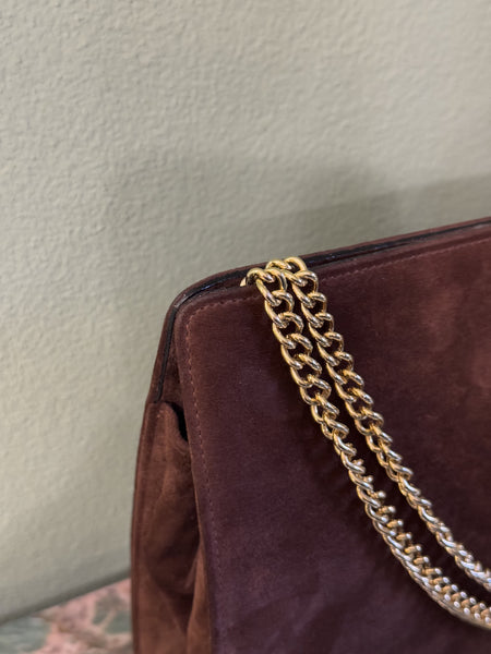 SALVATORE FERRAGAMO BROWN SUEDE GANCINI CHAIN HANDBAG