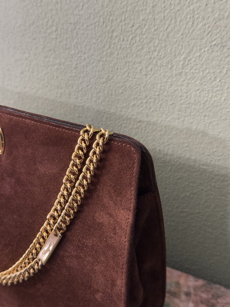 SALVATORE FERRAGAMO BROWN SUEDE GANCINI CHAIN HANDBAG