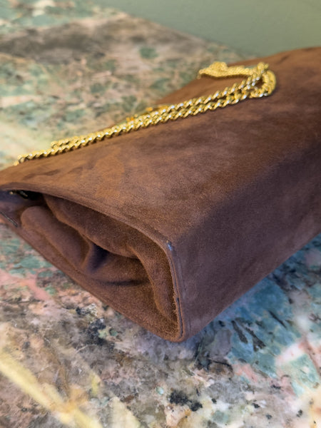 SALVATORE FERRAGAMO BROWN SUEDE GANCINI CHAIN HANDBAG