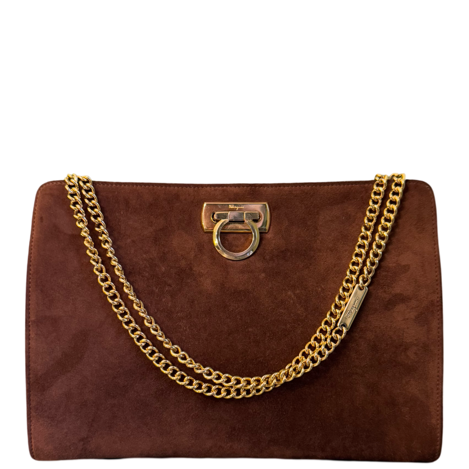 SALVATORE FERRAGAMO BROWN SUEDE GANCINI CHAIN HANDBAG