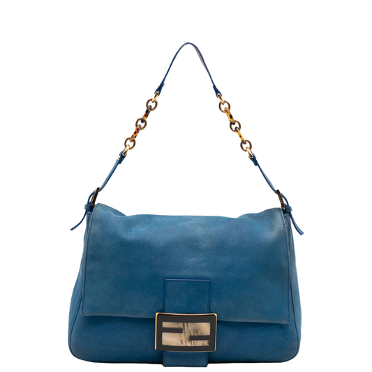 FENDI BLUE LEATHER LARGE MAMA BAGUETTE SHOULDER BAG
