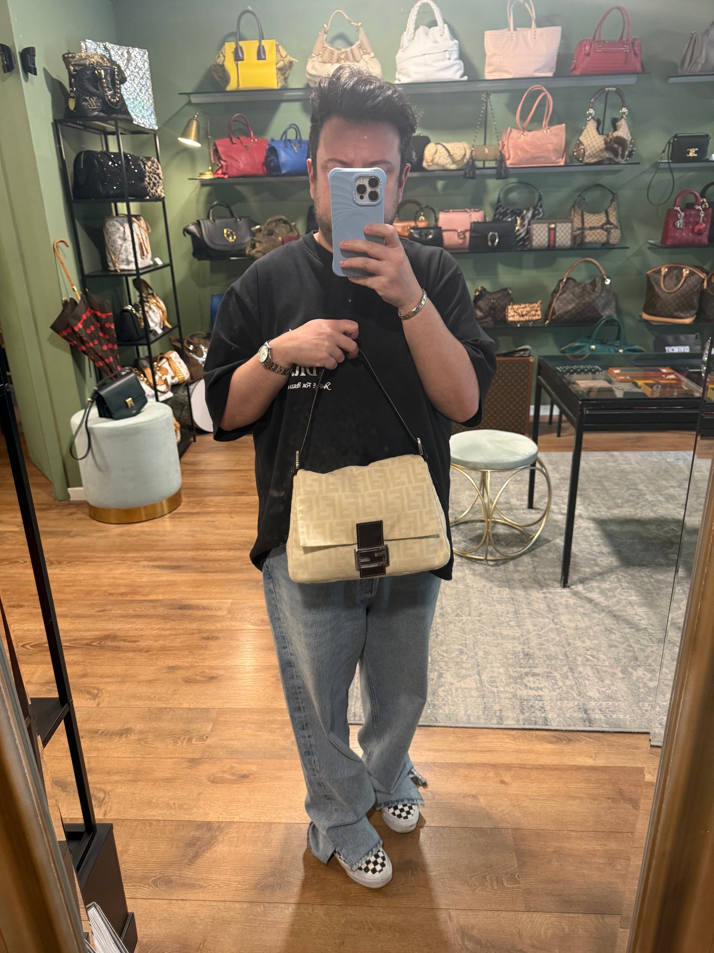 FEBDI CREAM ZUCCA MAMA BAGUETTE SHOULDER BAG