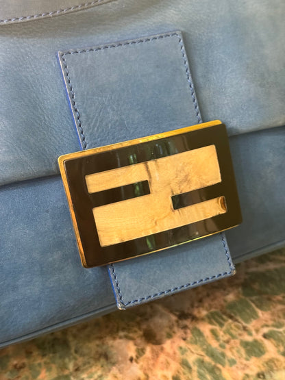 FENDI BLUE LEATHER LARGE MAMA BAGUETTE SHOULDER BAG