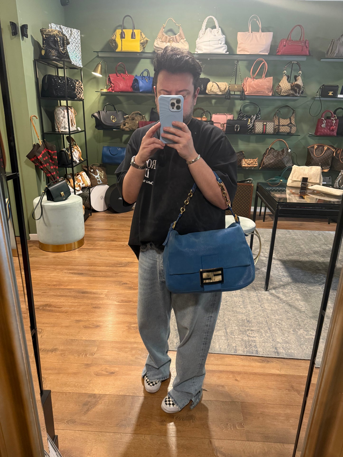 FENDI BLUE LEATHER LARGE MAMA BAGUETTE SHOULDER BAG